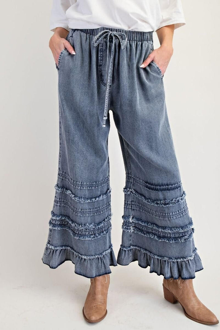 SELF FRAY WASHED CHAMBRAY PANTS - Cowgirl Charm