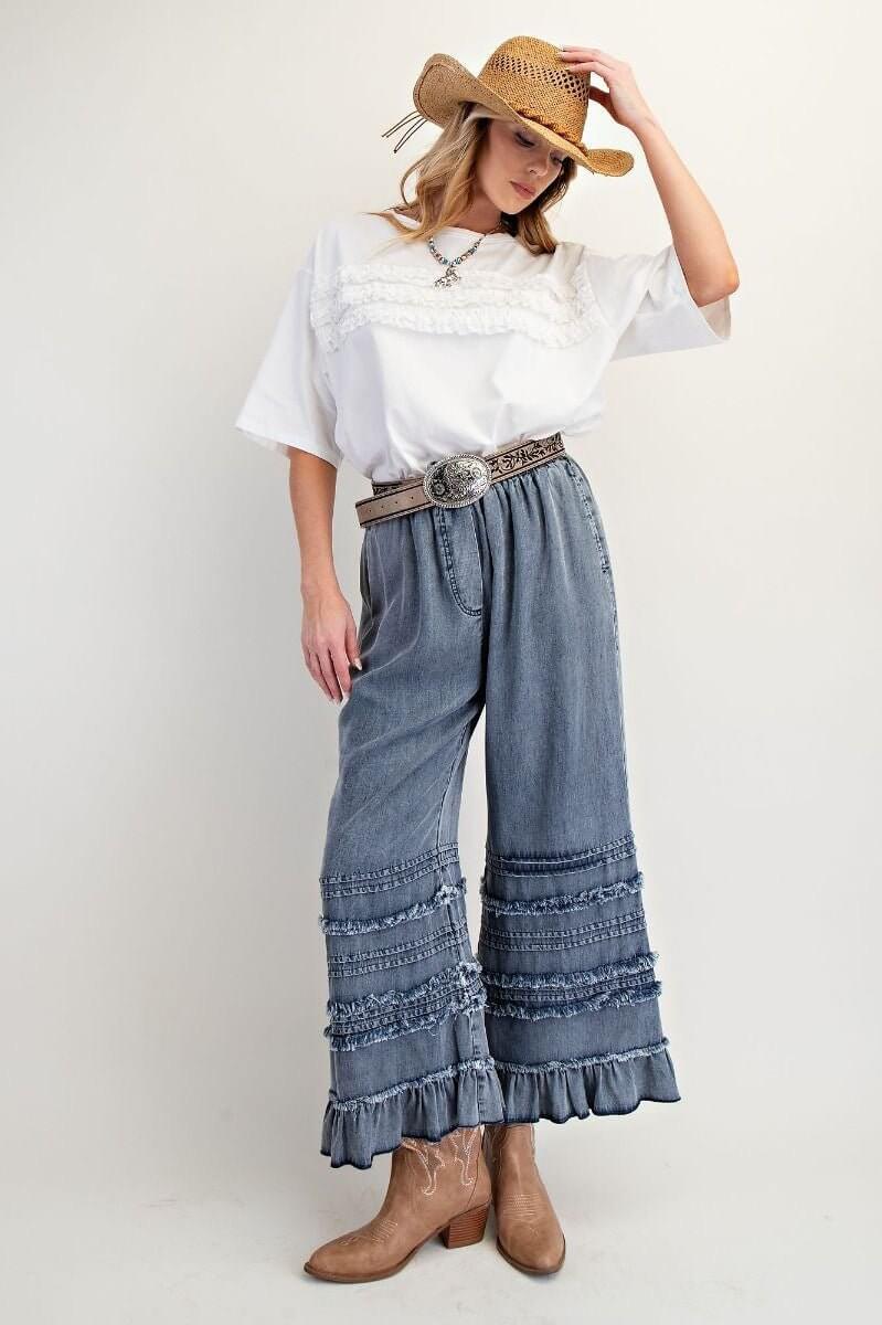 SELF FRAY WASHED CHAMBRAY PANTS - Cowgirl Charm