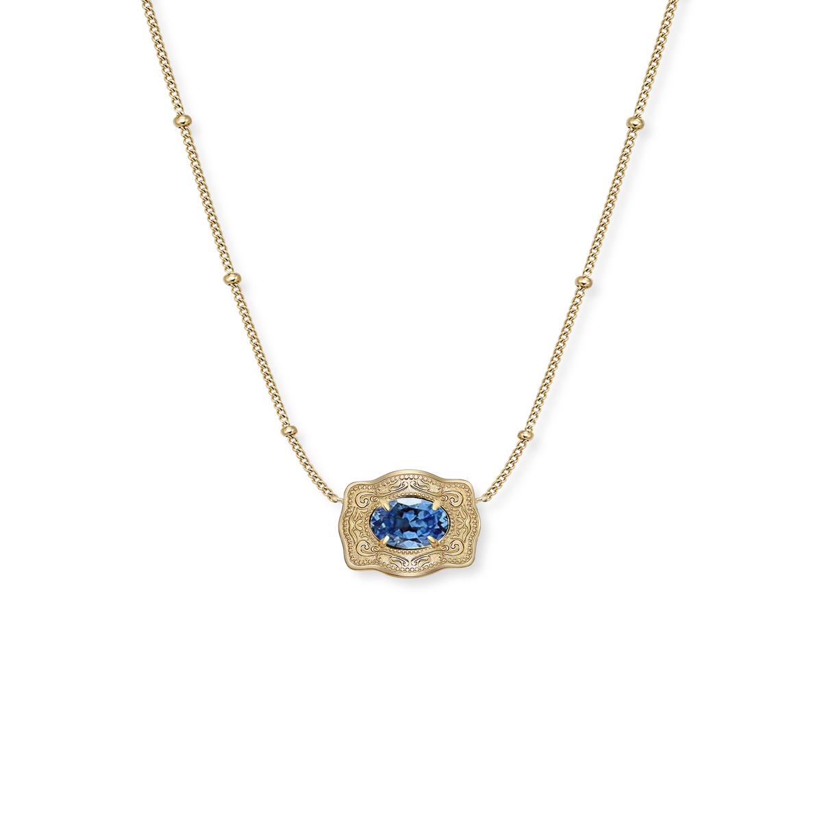 Spurwest Ultra Mini Belt Buckle Birthstone Necklace featuring a small buckle pendant with colorful birthstone accents.