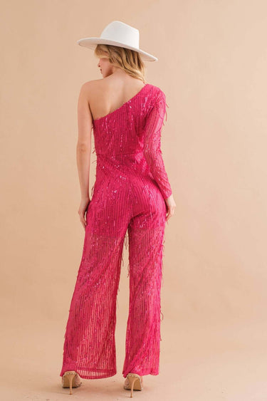Sequin Fringe Embellish One Shoulder Jumpsuit - Cowgirl Charm