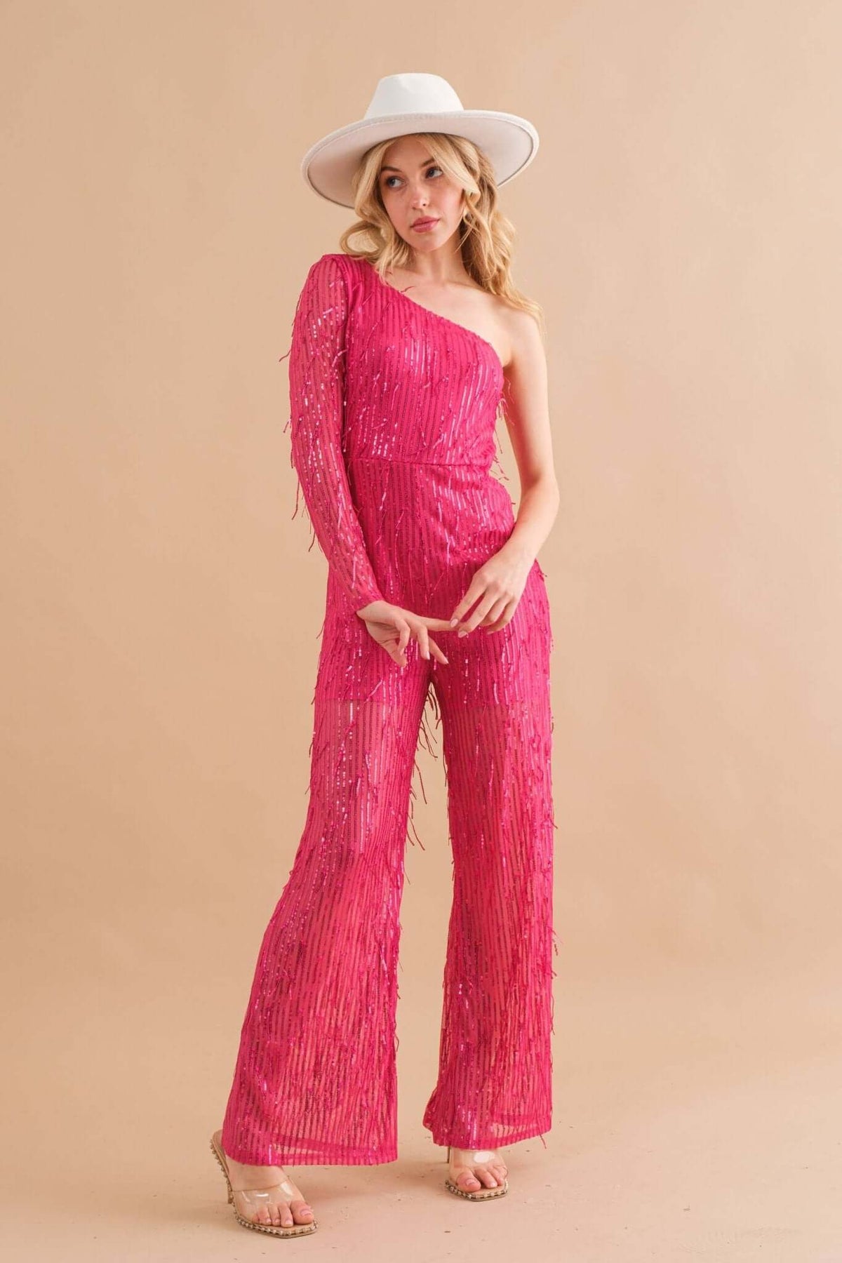 Blue B sequin fringe embellish one-shoulder jumpsuit, stylish evening romper with shimmering details and elegant design.
