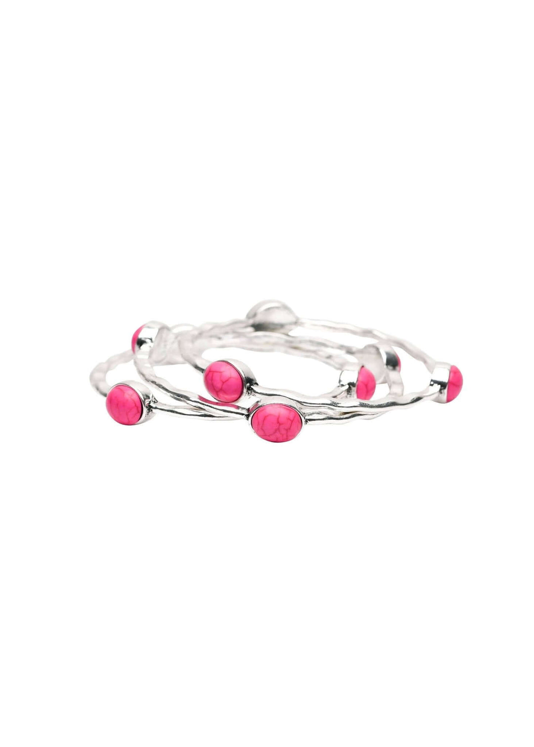 Set of 3 Burnished Silver Bangles with Pink Oval stones - Cowgirl Charm
