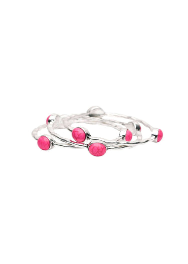 Set of 3 Burnished Silver Bangles with Pink Oval stones - Cowgirl Charm