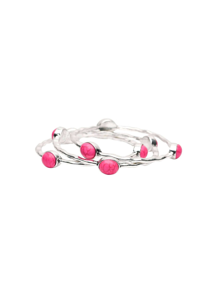 Set of 3 Burnished Silver Bangles with Pink Oval stones - Cowgirl Charm