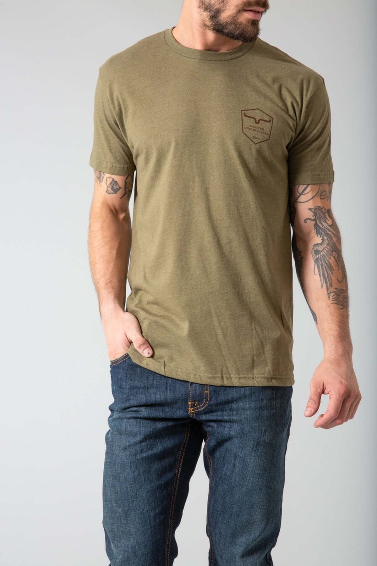 Kimes shielded trucker shirt featuring a graphic design, casual fit, and detailed print on front, suitable for everyday wear.