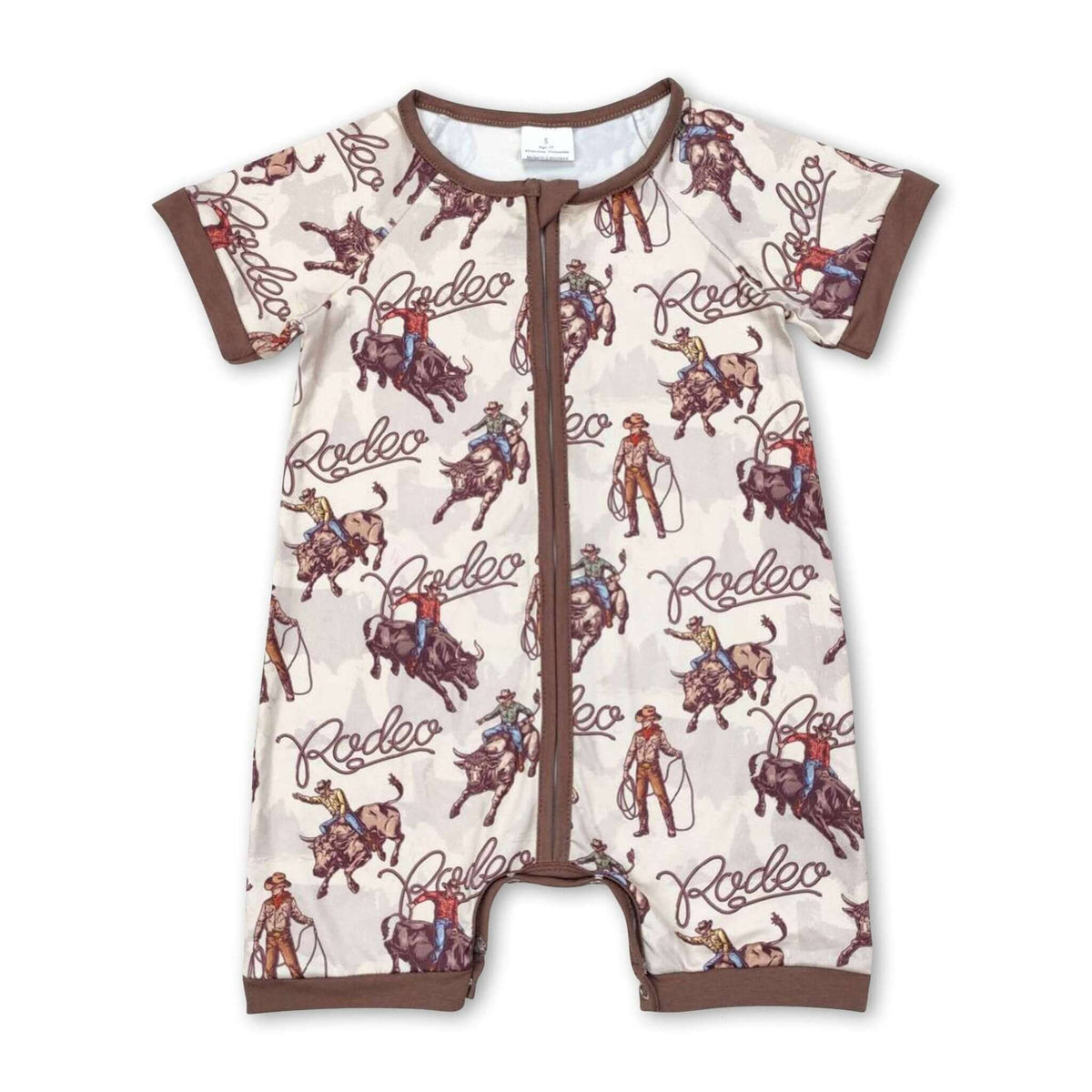 Baby boy wearing a short-sleeve rodeo western zipper romper by Yawoo Garments, featuring a cute western-themed design for kids and babies.