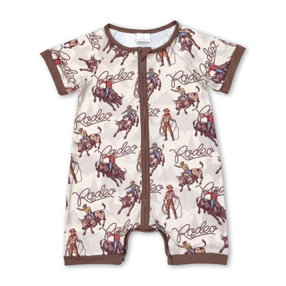 Baby boy wearing a short-sleeve rodeo western zipper romper by Yawoo Garments, featuring a cute western-themed design for kids and babies.