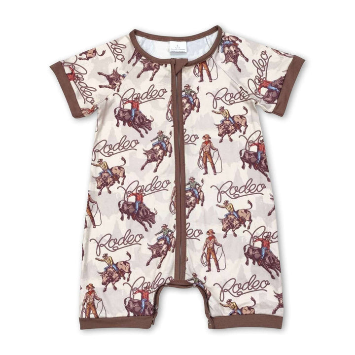 Baby boy rodeo western zipper romper with short sleeves, made by Yawoo Garments, featuring a cute western-themed design.