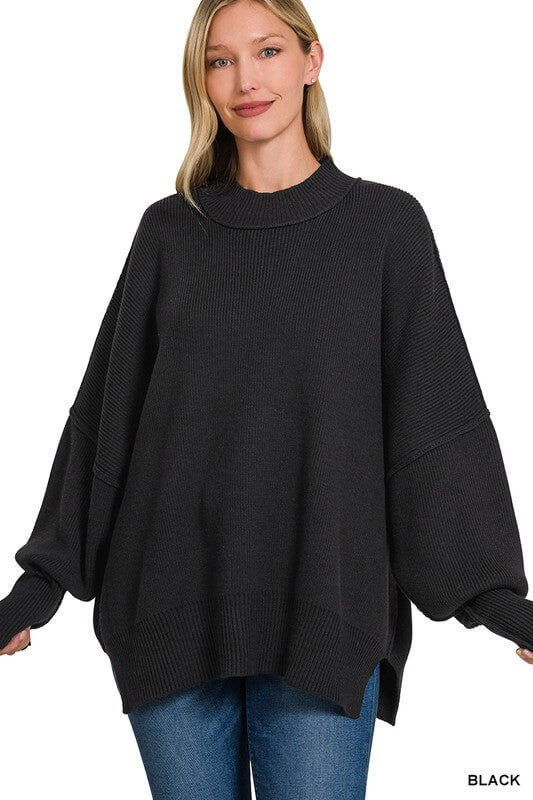 Zenana oversized ribbed mock neck sweater with side slits, cozy and slouchy tunic style, perfect for casual comfort.