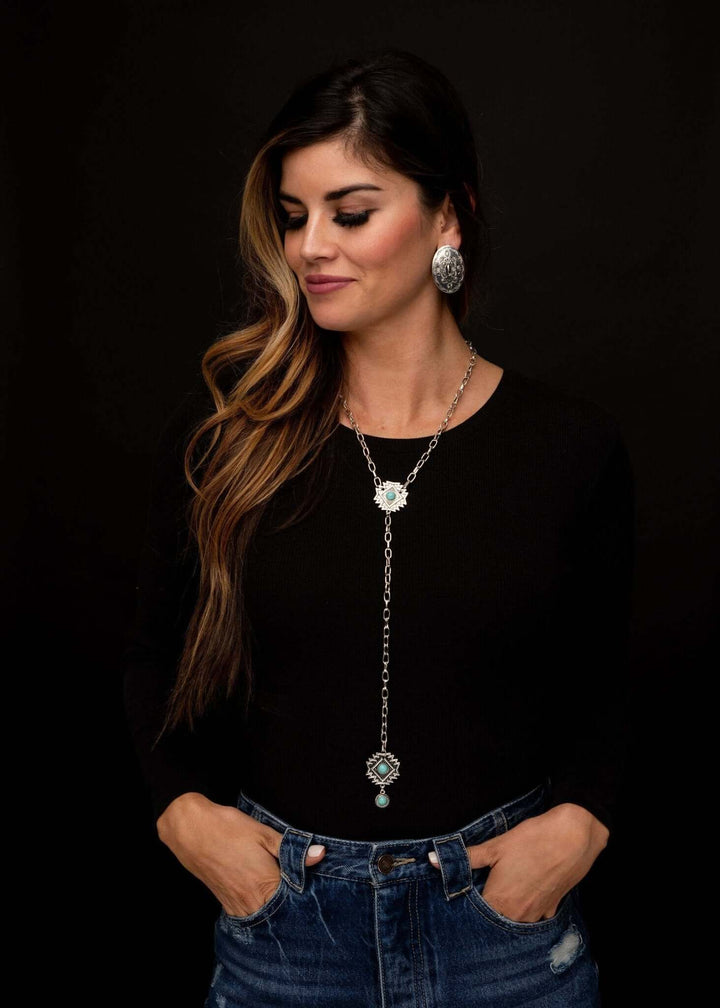 Silver Chain Lariat Necklace w/Aztec Concho - Cowgirl Charm