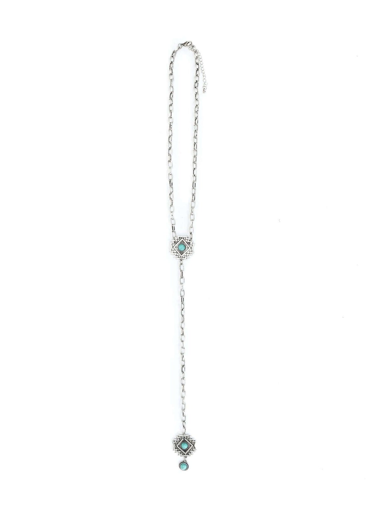 Silver chain lariat necklace with Aztec concho detail from West & Co. showcasing intricate silver jewelry design.