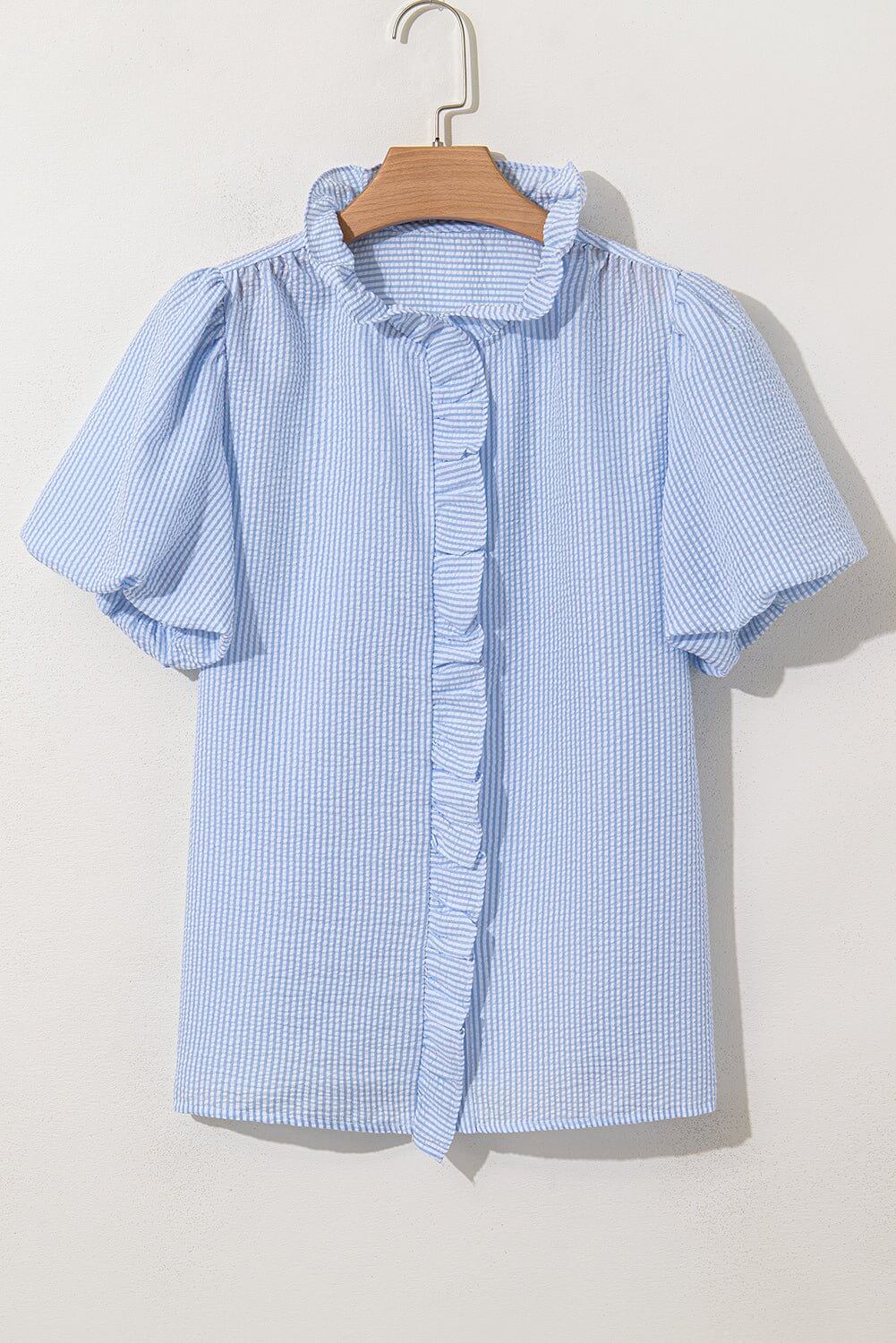 Sky Blue Seersucker Ruffle Button - Up Top – Summer Puff Sleeve Blouse - Cowgirl Charm
