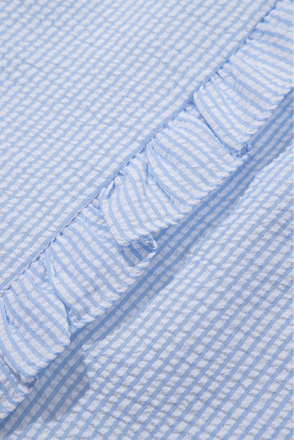 Sky Blue Seersucker Ruffle Button - Up Top – Summer Puff Sleeve Blouse - Cowgirl Charm