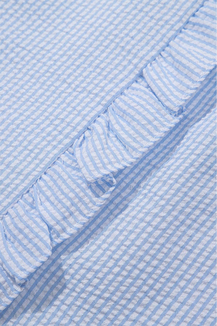 Sky Blue Seersucker Ruffle Button - Up Top – Summer Puff Sleeve Blouse - Cowgirl Charm