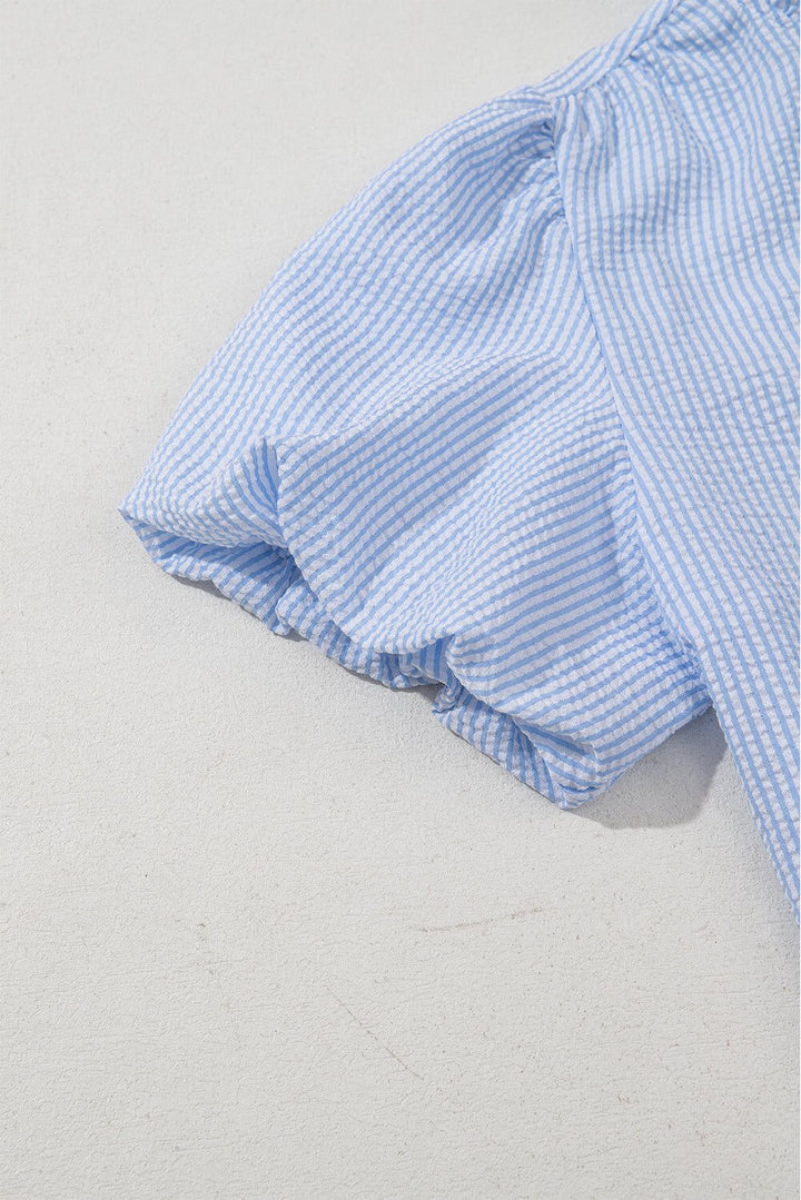 Sky Blue Seersucker Ruffle Button - Up Top – Summer Puff Sleeve Blouse - Cowgirl Charm