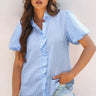 Sky Blue Seersucker Ruffle Button - Up Top – Summer Puff Sleeve Blouse - Cowgirl Charm