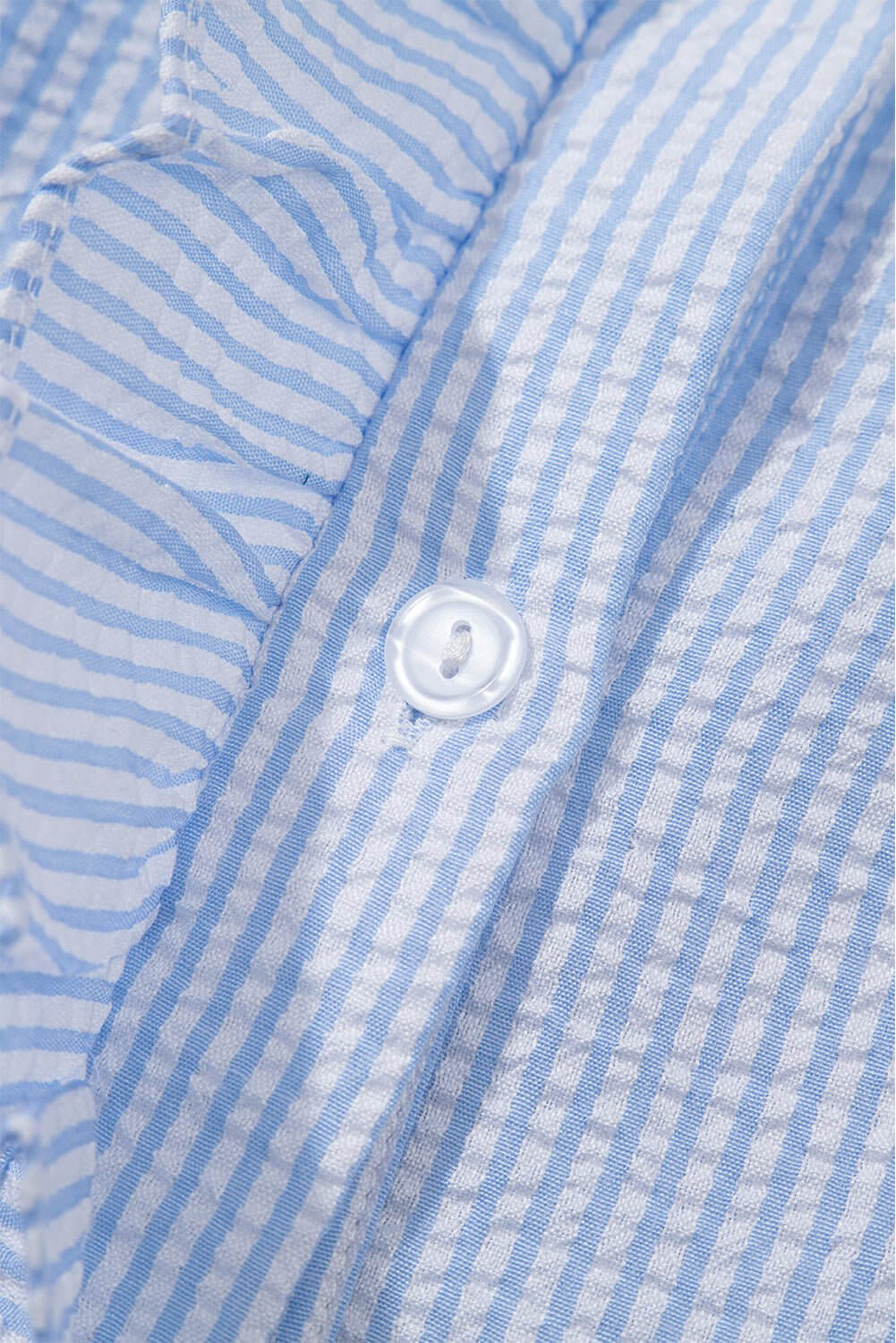Sky Blue Seersucker Ruffle Button - Up Top – Summer Puff Sleeve Blouse - Cowgirl Charm
