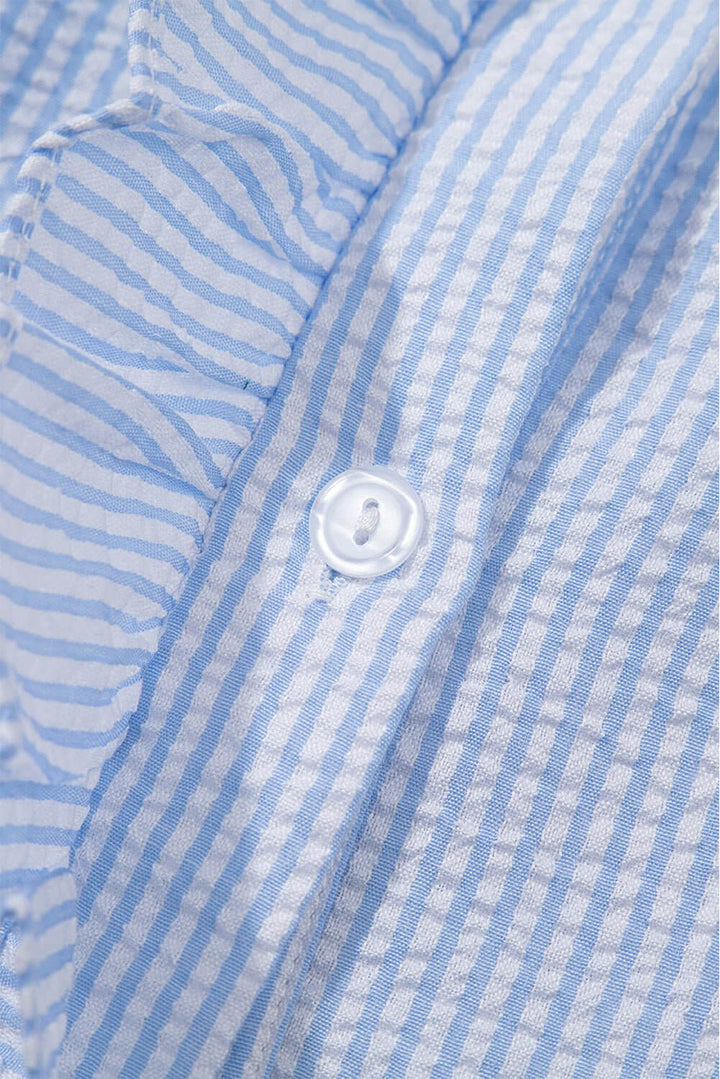 Sky Blue Seersucker Ruffle Button - Up Top – Summer Puff Sleeve Blouse - Cowgirl Charm