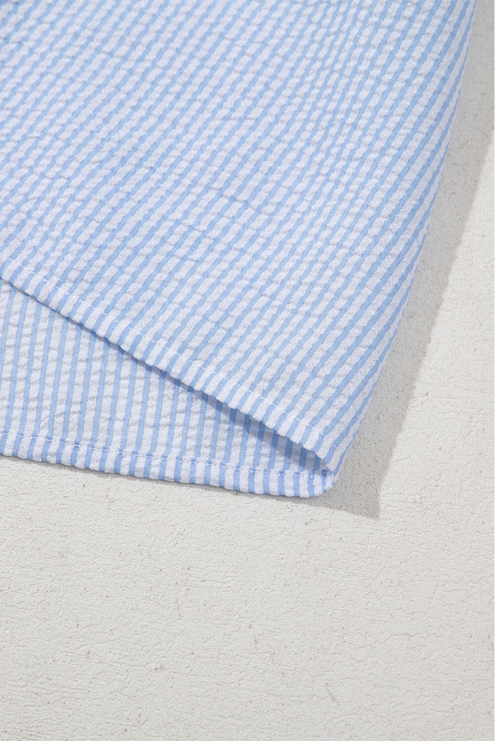 Sky Blue Seersucker Ruffle Button - Up Top – Summer Puff Sleeve Blouse - Cowgirl Charm