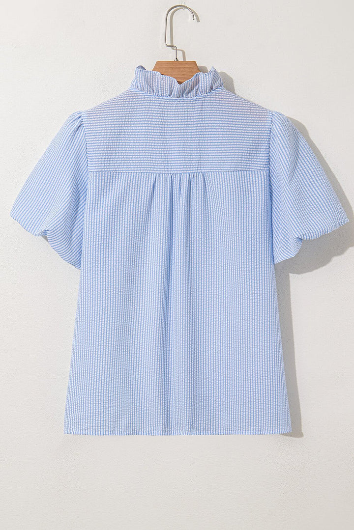 Sky Blue Seersucker Ruffle Button - Up Top – Summer Puff Sleeve Blouse - Cowgirl Charm