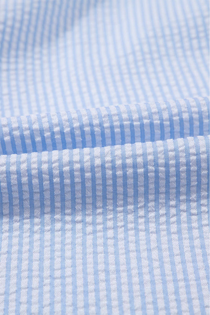 Sky Blue Seersucker Ruffle Button - Up Top – Summer Puff Sleeve Blouse - Cowgirl Charm