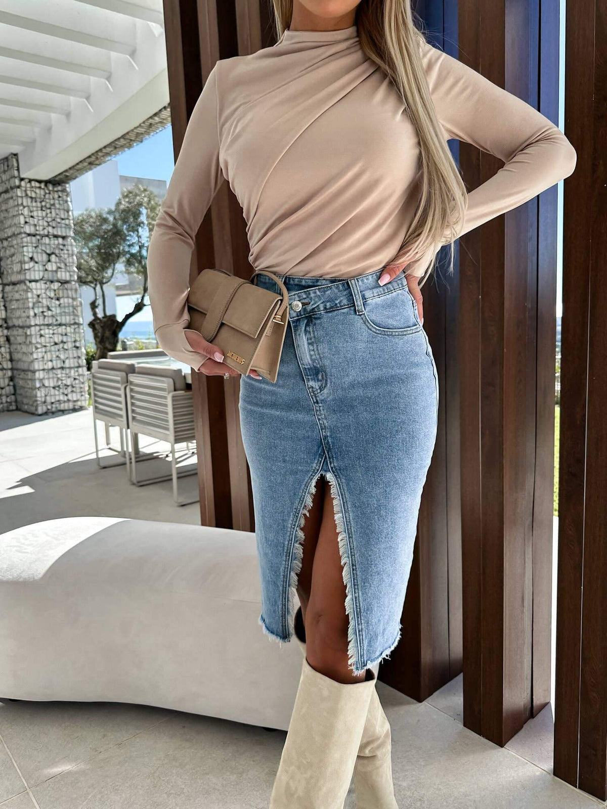 Hope & Sunshine solid color denim split skirt shown with front view, showcasing the casual denim fabric and stylish split hem.