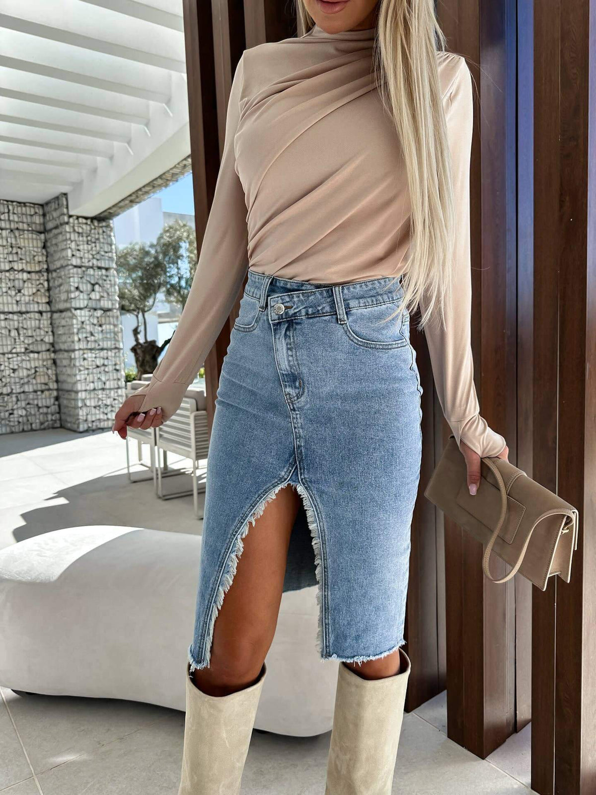 Hope & Sunshine solid color denim split skirt displayed flat with front split and high-rise waist, casual and versatile design.
