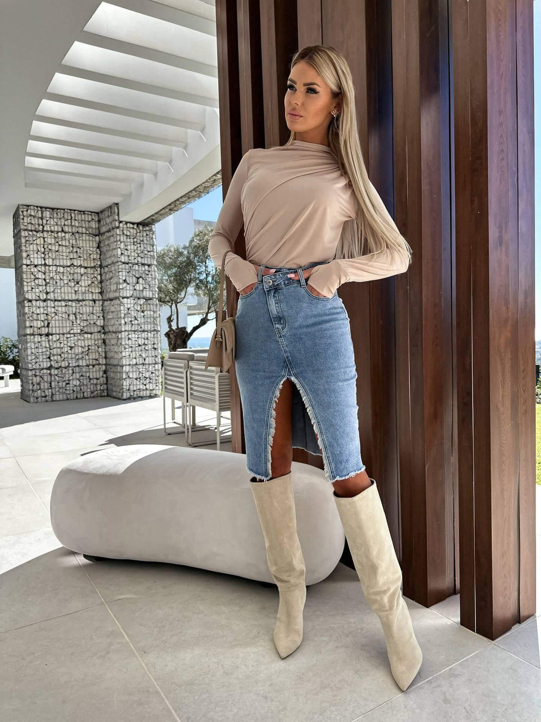 Solid Color Denim Split Skirt - Cowgirl Charm