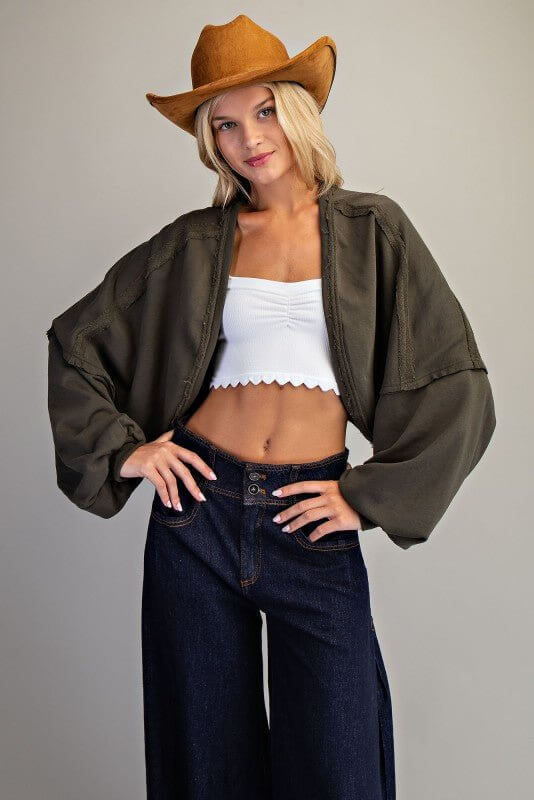 Solid Cropped Open Cardigan with Bubble Sleeves – Jungle Green & Black - Cowgirl Charm