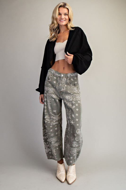 Solid Cropped Open Cardigan with Bubble Sleeves – Jungle Green & Black - Cowgirl Charm