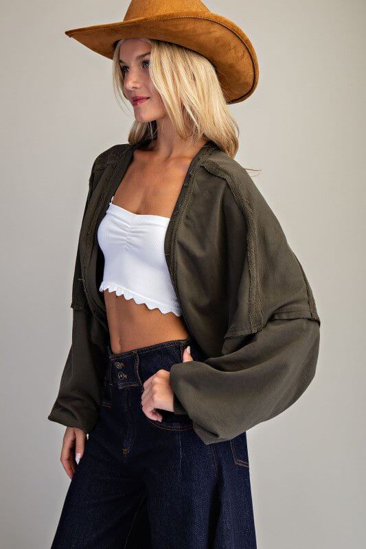 Solid Cropped Open Cardigan with Bubble Sleeves – Jungle Green & Black - Cowgirl Charm