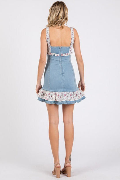 Stretch denim lace ruffle floral mini dress from The Vintage Shop, featuring a fitted silhouette and delicate ruffle details.