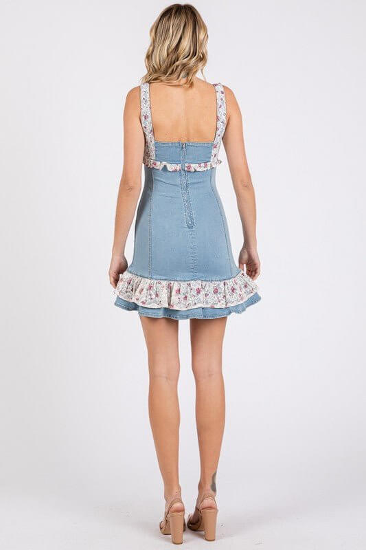 Stretch Denim Lace Ruffle Floral Mini Dress - Cowgirl Charm