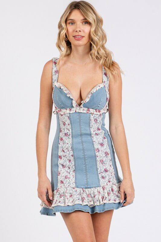 Stretch denim lace ruffle floral mini dress by The Vintage Shop, featuring a fitted silhouette and delicate floral lace details.