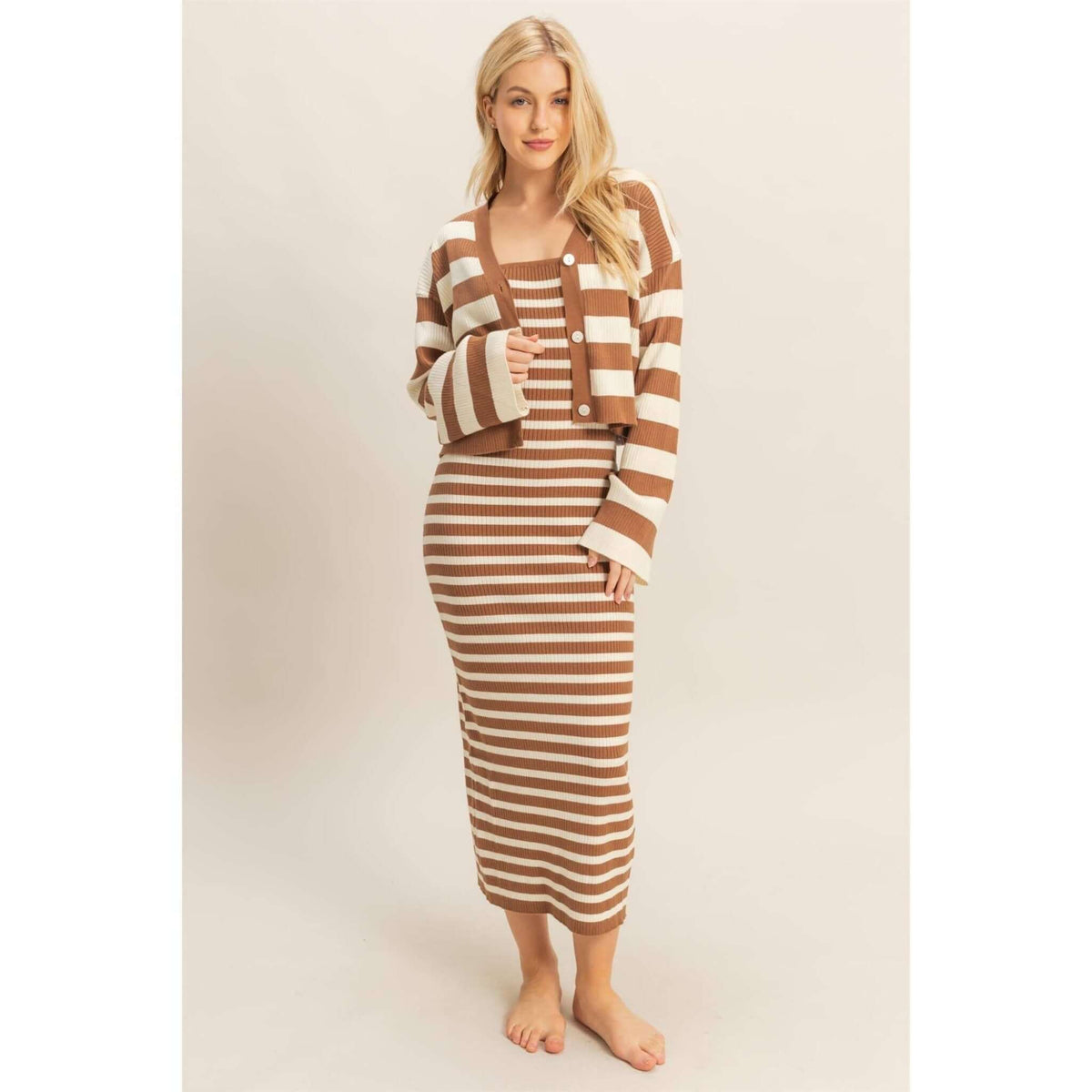 HYFVE striped sweater cardigan and dress set for girls, featuring a cozy knit design and colorful horizontal stripes.