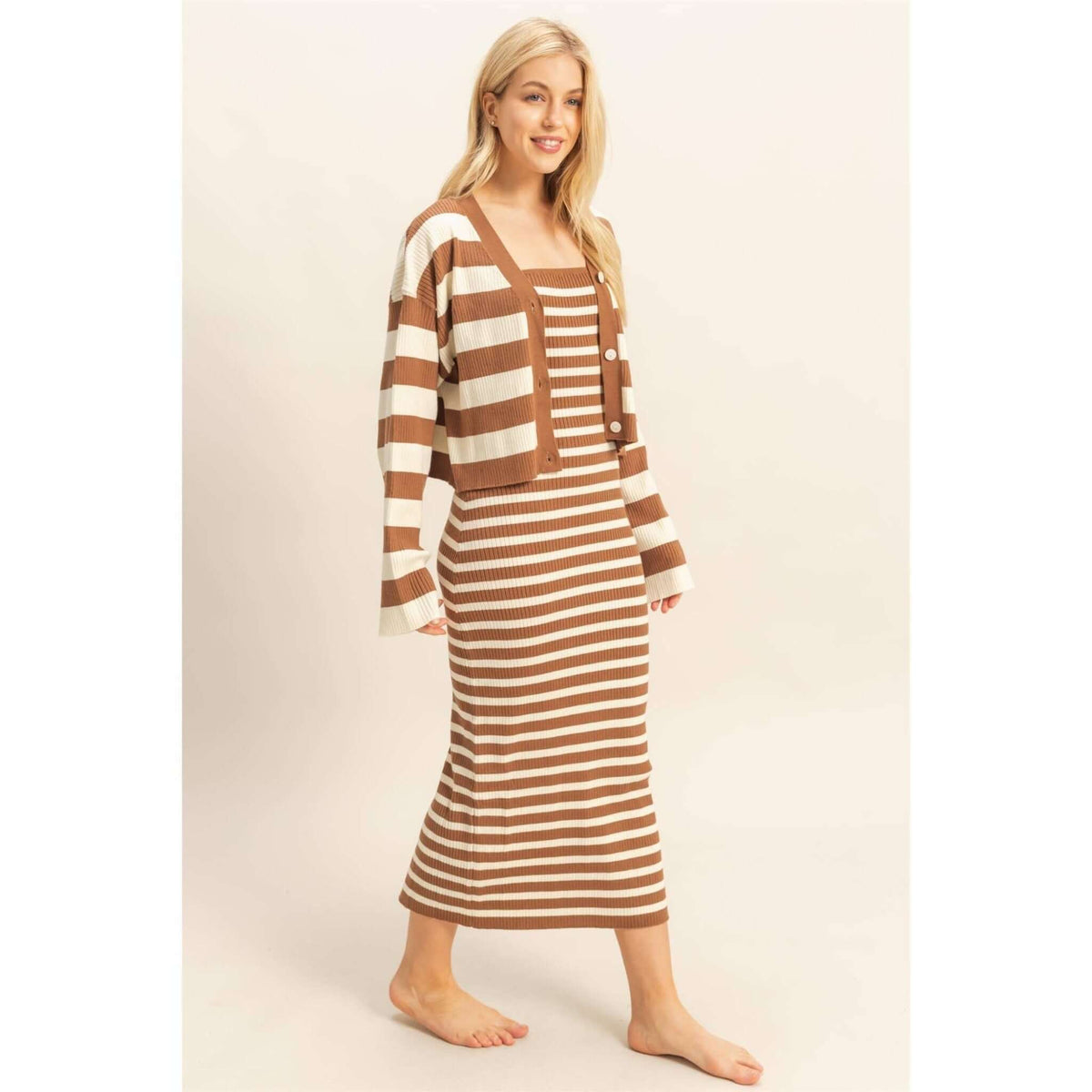 HYFVE striped sweater cardigan and dress set featuring a coordinated design in soft, cozy fabric, perfect for casual wear.