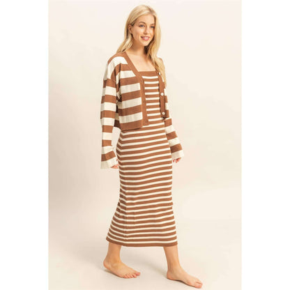 HYFVE striped sweater cardigan and dress set featuring a coordinated design in soft, cozy fabric, perfect for casual wear.