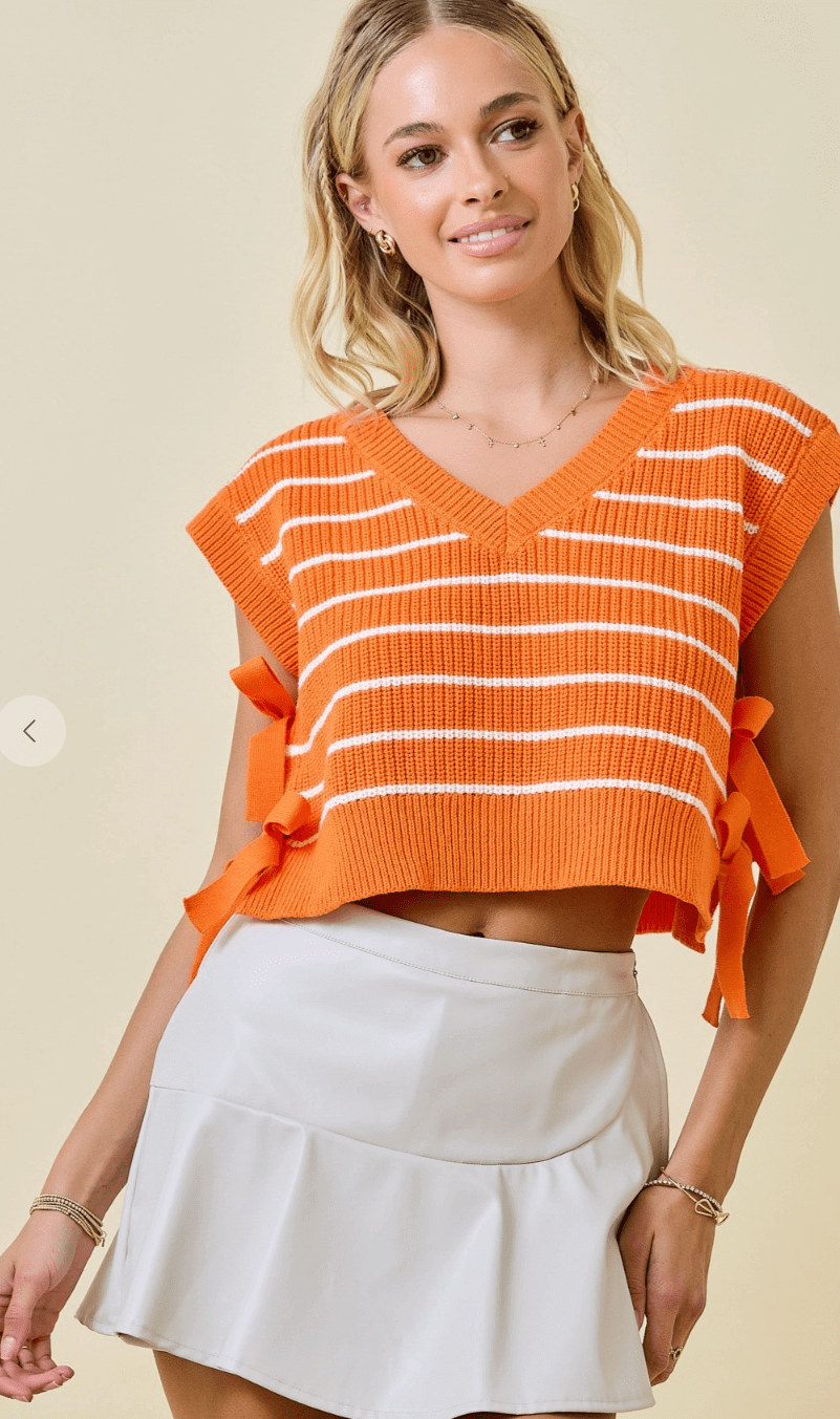 Striped V Neck Double Side Tie Sweater Vest - Cowgirl Charm
