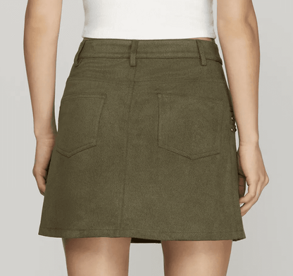 Black studded mini skirt from She and Sky featuring metal stud embellishments, designed as a stylish bottom for edgy fashion.