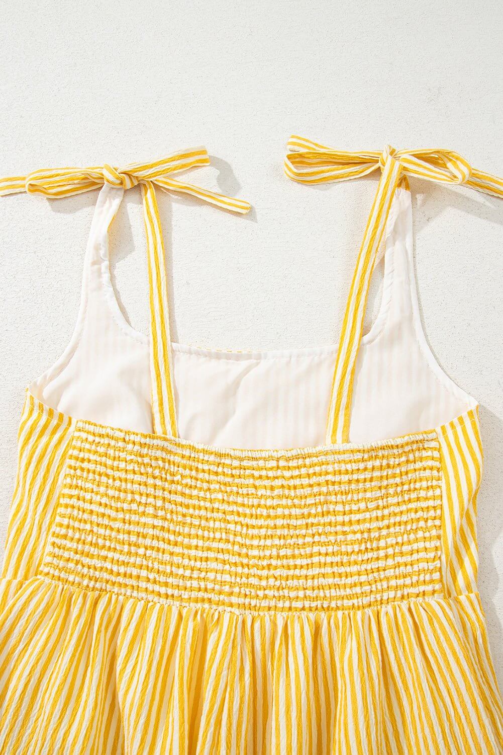 Sunny Stripes Bow - Tie Shoulder Romper with Pockets – Yellow & White - Cowgirl Charm