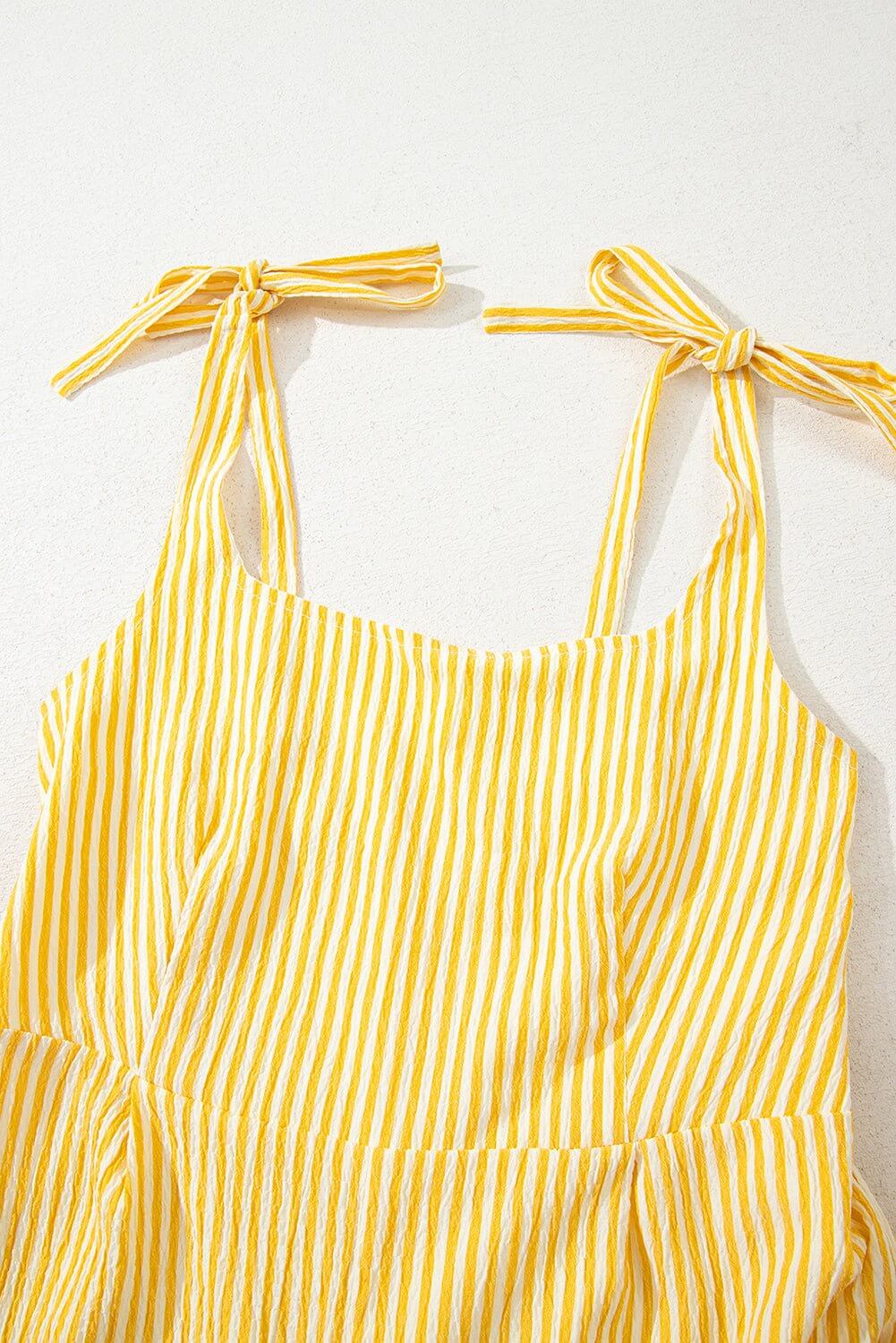 Sunny Stripes Bow - Tie Shoulder Romper with Pockets – Yellow & White - Cowgirl Charm