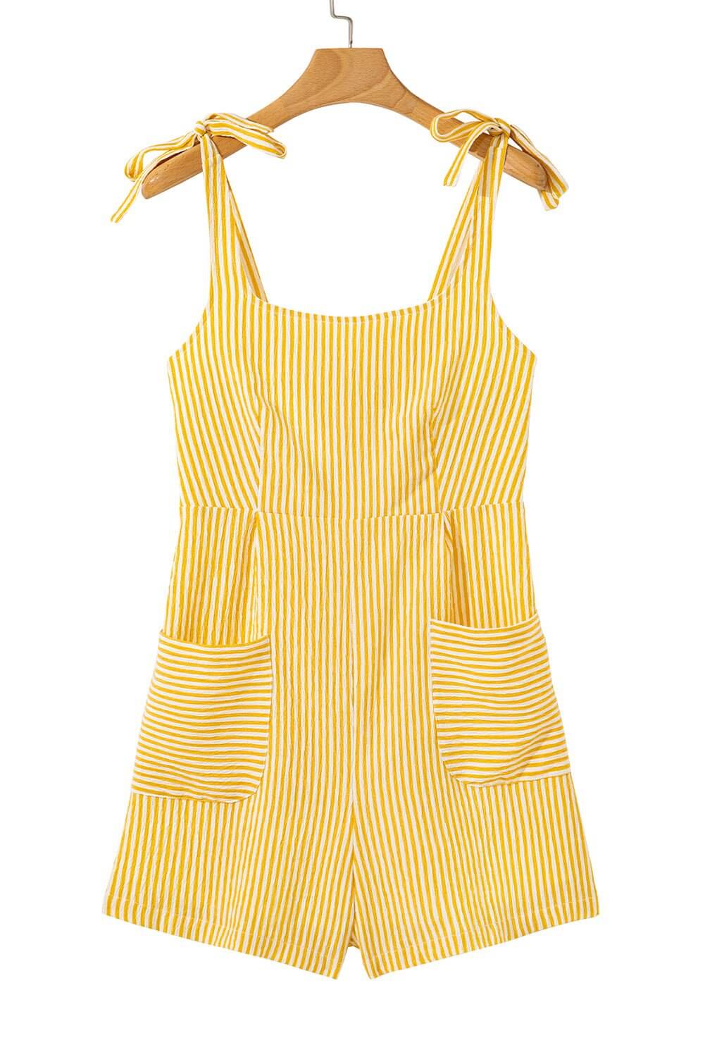 Sunny Stripes Bow - Tie Shoulder Romper with Pockets – Yellow & White - Cowgirl Charm