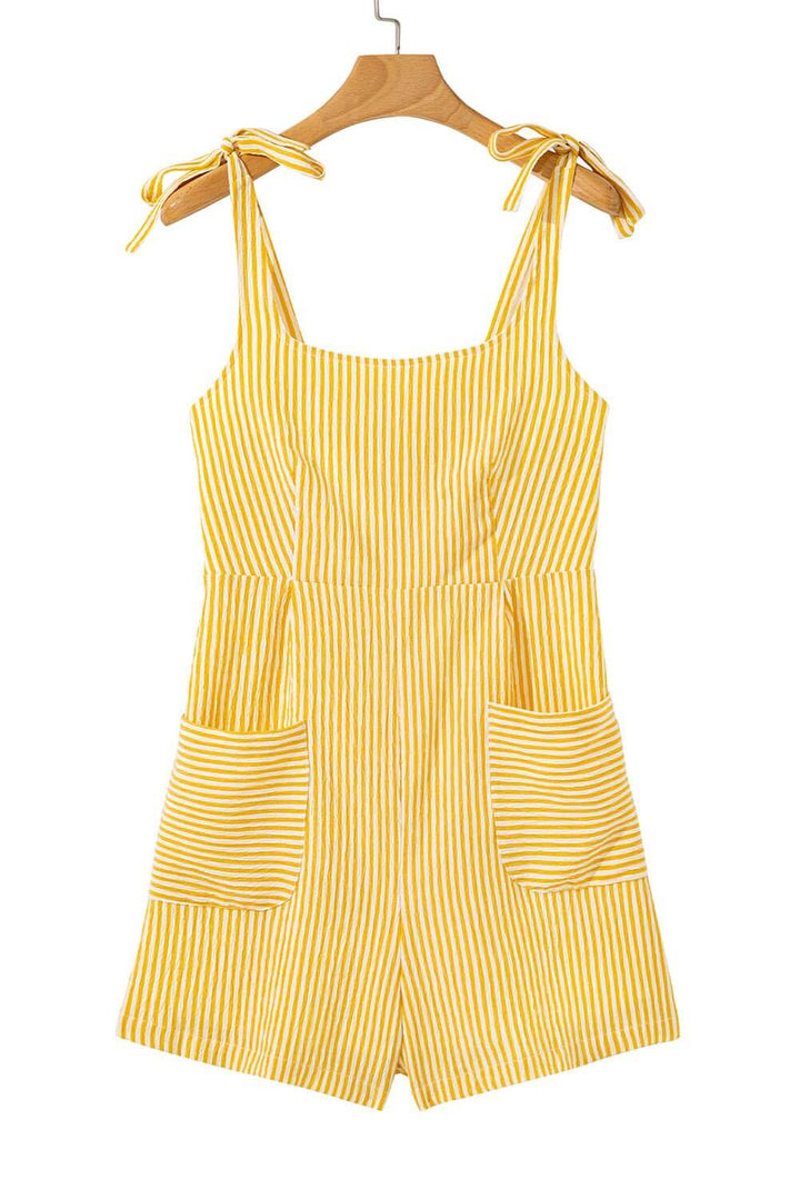 Sunny Stripes Bow - Tie Shoulder Romper with Pockets – Yellow & White - Cowgirl Charm