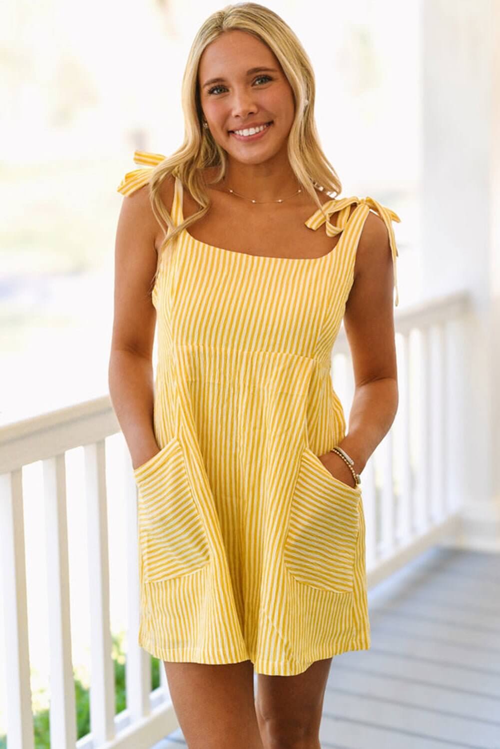 Sunny Stripes Bow - Tie Shoulder Romper with Pockets – Yellow & White - Cowgirl Charm
