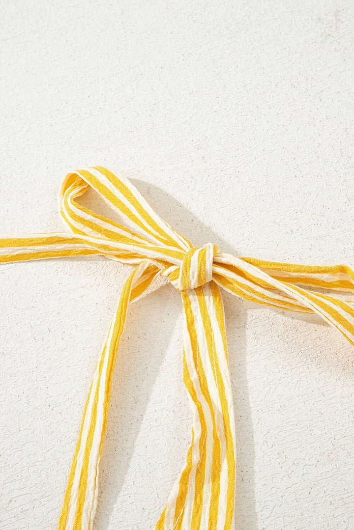 Sunny Stripes Bow - Tie Shoulder Romper with Pockets – Yellow & White - Cowgirl Charm