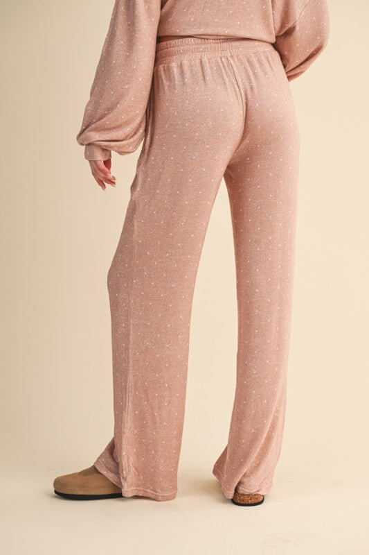 Kimberly C taupe polka dot activewear bottoms with elastic waistband and relaxed fit, perfect for workout or casual wear.