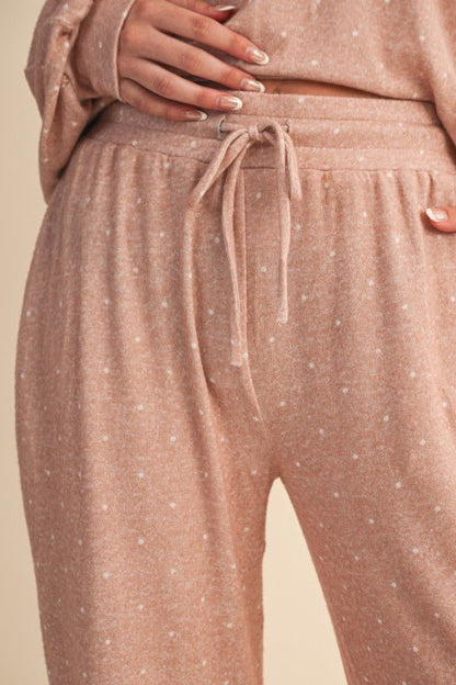 Kimberly C taupe polka dot active wear bottoms, stylish and comfortable for workouts or casual wear.