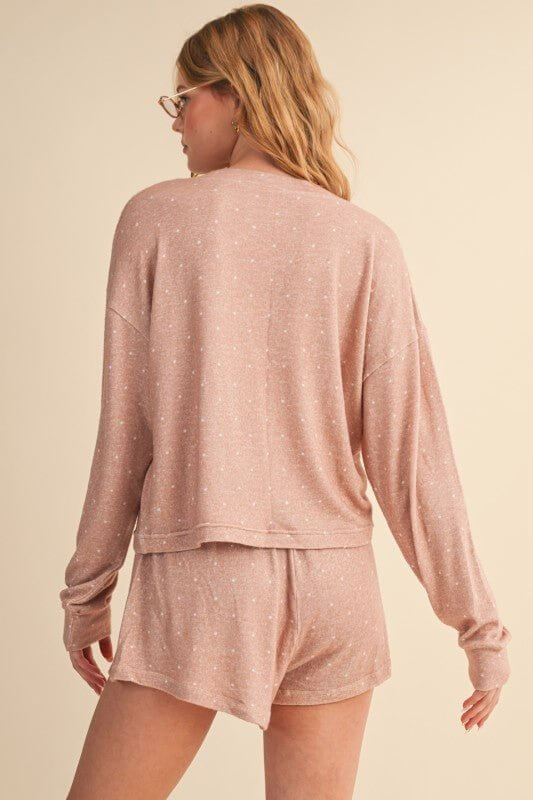 Taupe polka dot active wear top by Kimberly C, featuring a comfortable fit and stylish design for workout or casual wear.