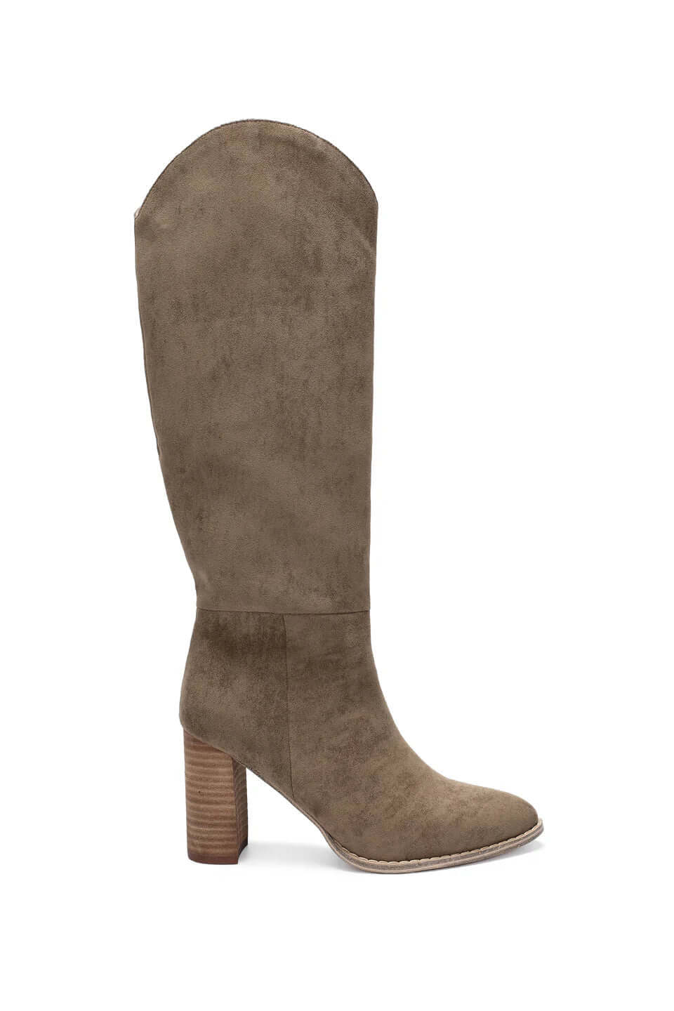Taupe suede tall western block heel boots by MI.MI with pointed toes and pull-on style, showcasing stylish Western-inspired footwear.