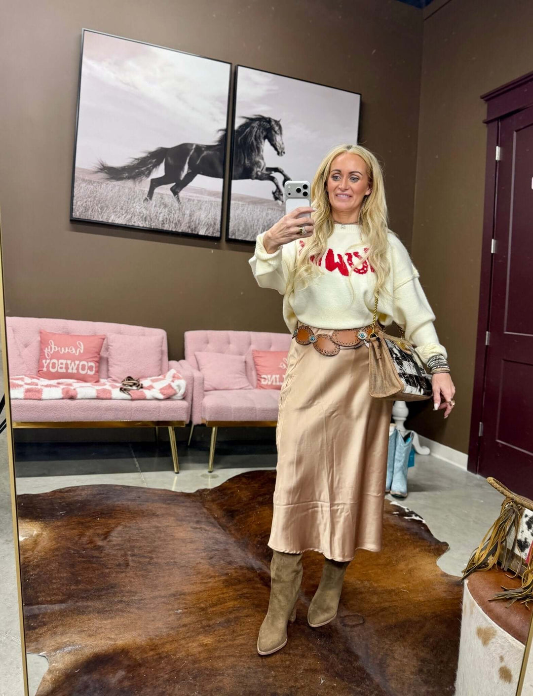 Taupe Suede Tall Western Block Heel Boots - Cowgirl Charm